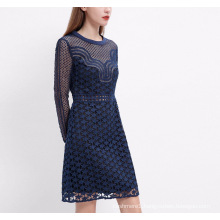 Spring Elegant Blue Embroidered Long Sleeve Star Pattern Women Dress